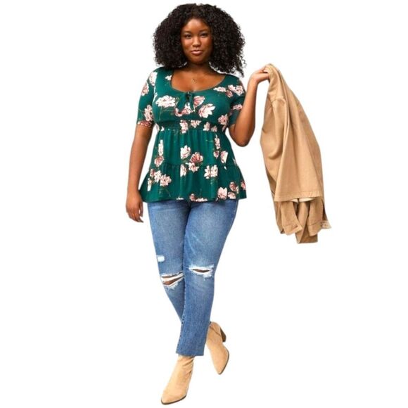 TORRID NEWβPLUS SIZE FLORAL Super Soft V Neck Tie Front Elbow Sleeve Babydoll 2X - Picture 10 of 16